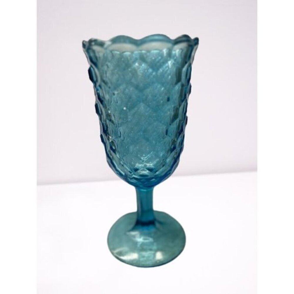 FASTORIA Vintage Blue Diamond Pattern Glass Goblet With Scalloped Rim- 8.5" Tall